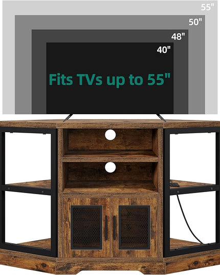 YITAHOME Corner TV Stand for TVs up to 55 Inch with Power Outlet, Modern Farmhouse Entertainment Center, Wood TV Media Console with Storage Cabinets Shelves for Living Room, Retro Brown - LeafyLoom