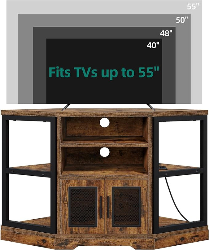 YITAHOME Corner TV Stand for TVs up to 55 Inch with Power Outlet, Modern Farmhouse Entertainment Center, Wood TV Media Console with Storage Cabinets Shelves for Living Room, Retro Brown - LeafyLoom