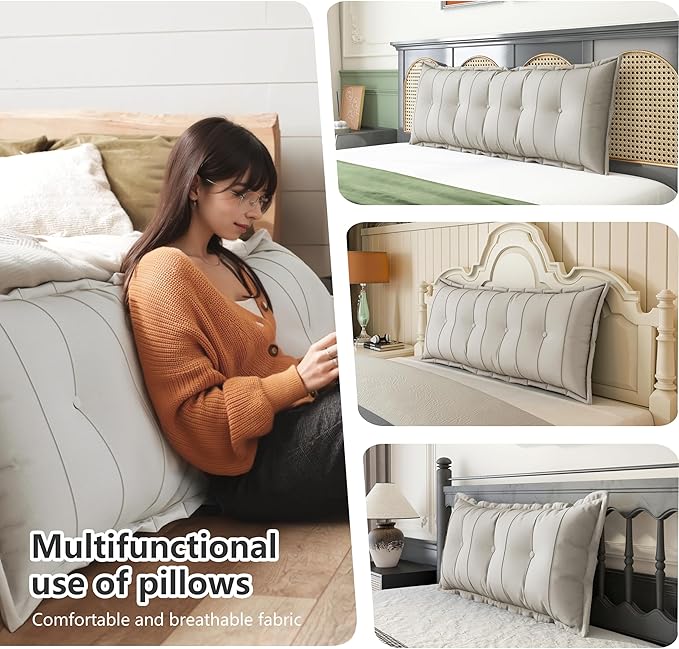 Johnear Large Headboard Pillow Cotton Linen Daybed Cushion Support Backrest Bolster Pillow Support Positioning Bed Sofa Rest Reading Pillow （White, 76 x 3 x 20 inches） - LeafyLoom