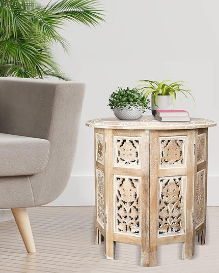 Hand Crafted Solid Wood Accent Table, Side Table, Entryway Table, Wooden End Table, Octagonal Wooden Table - 18 Inch Round Top x 18 Inch High - White - LeafyLoom