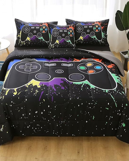 JQinHome Queen Gamer Comforter Sets for Boys&Girls,6 Piece Bed in A Bag 3D Video Game Bedding -All Season Microfiber Gamer Bedding Sets for Kids, with Pillowcase, Flat & Fitted Sheet,Cushion Cover - LeafyLoom