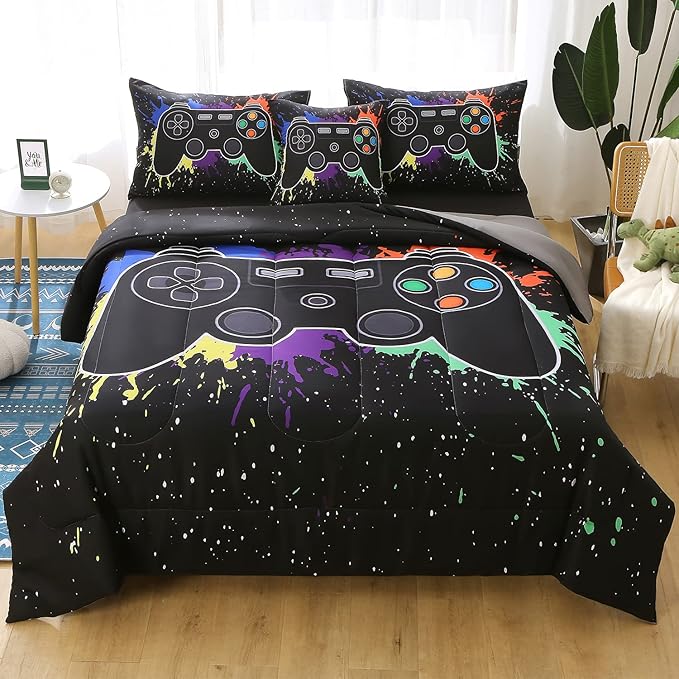 JQinHome Queen Gamer Comforter Sets for Boys&Girls,6 Piece Bed in A Bag 3D Video Game Bedding -All Season Microfiber Gamer Bedding Sets for Kids, with Pillowcase, Flat & Fitted Sheet,Cushion Cover - LeafyLoom