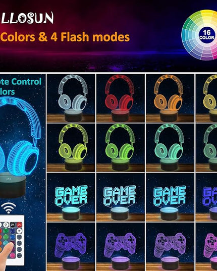 FULLOSUN Pixel Game Over Illusion Lamp, Gamepad 3D Night Light (3 Patterns) with Remote Control 16 Color Changing Gaming Room Headset Decor Best Gamer Gift - LeafyLoom