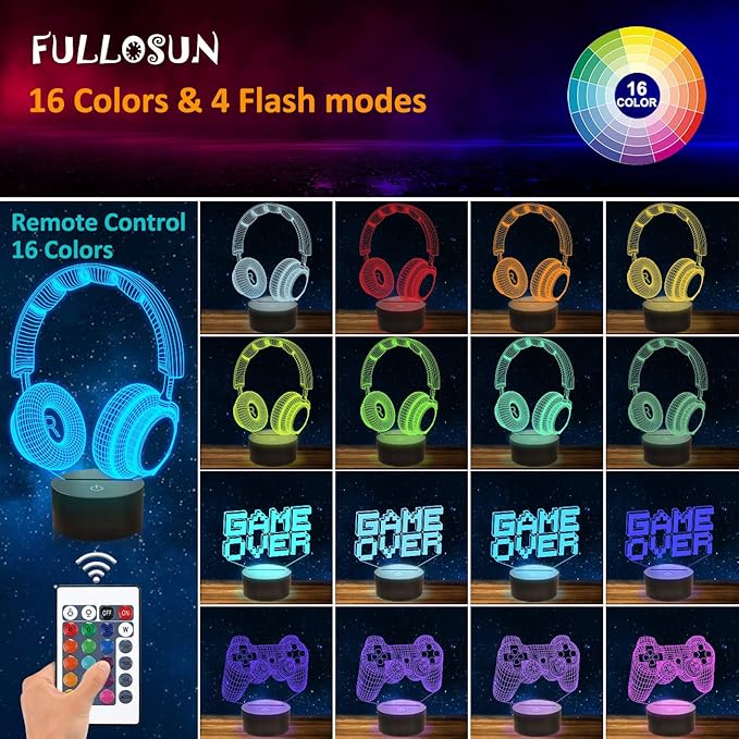 FULLOSUN Pixel Game Over Illusion Lamp, Gamepad 3D Night Light (3 Patterns) with Remote Control 16 Color Changing Gaming Room Headset Decor Best Gamer Gift - LeafyLoom