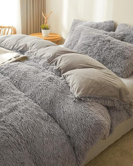 FOPPA Gray fluffy Comforter Cover Set king- Ultra Soft fluffy gray Bedding Sets 3 Pieces (1 Duvet Cover + 2 Pillow case) pink fluffy bed set (Gray, King) - LeafyLoom