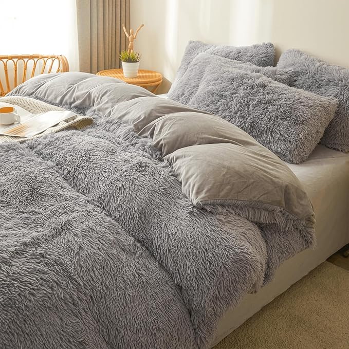 FOPPA Gray fluffy Comforter Cover Set king- Ultra Soft fluffy gray Bedding Sets 3 Pieces (1 Duvet Cover + 2 Pillow case) pink fluffy bed set (Gray, King) - LeafyLoom