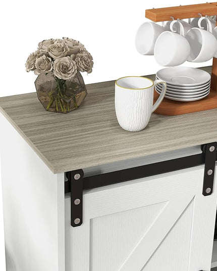Panana Sliding Barn Door Buffet Sideboard Storage Cabinet Coffee Bar Kitchen Farmhouse Style (White Cabinet Nature Top) - LeafyLoom