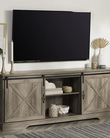 Walker Edison Corbin Modern Farmhouse Sliding X Barn Door TV Stand for TVs up to 80 Inches, 70 Inch, Grey Wash - LeafyLoom
