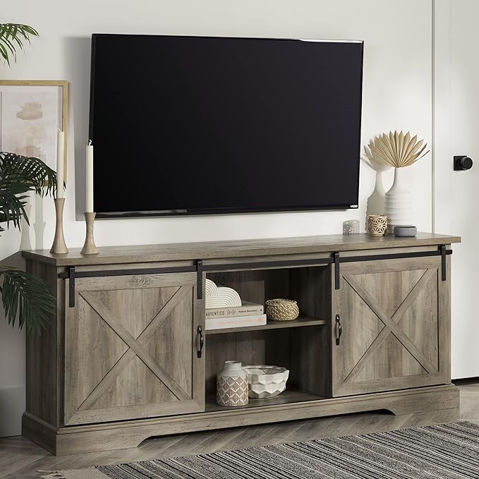Walker Edison Corbin Modern Farmhouse Sliding X Barn Door TV Stand for TVs up to 80 Inches, 70 Inch, Grey Wash - LeafyLoom