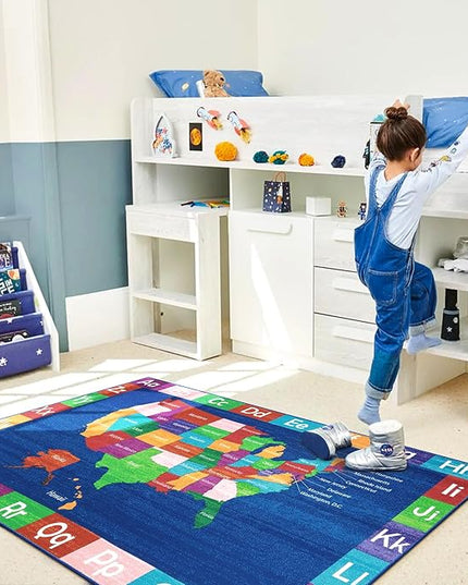 LIVEBOX USA Map ABC Baby Play Mat for Kids Room, 3x5 Ft Alphabet Washable Classroom Rug, Kids Playroom Rug for Educational, Non-Slip Baby Crawling Mat for Nursery Room, Toddlers Room - LeafyLoom