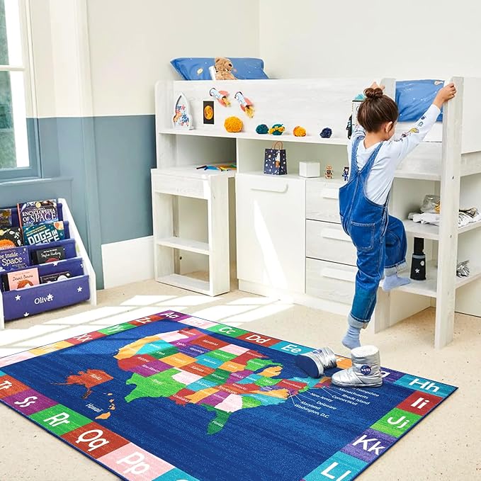 LIVEBOX USA Map ABC Baby Play Mat for Kids Room, 3x5 Ft Alphabet Washable Classroom Rug, Kids Playroom Rug for Educational, Non-Slip Baby Crawling Mat for Nursery Room, Toddlers Room - LeafyLoom
