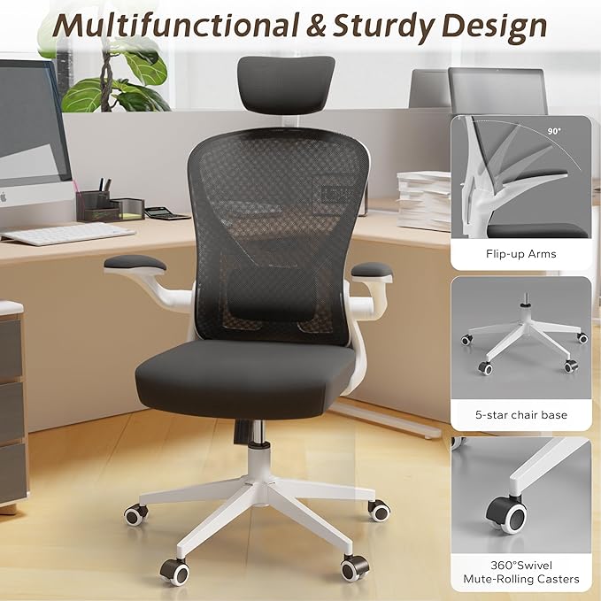 Home Desk Chair Ergonomic Chair with Headrest Study Chair Computer Chair Desk Chair Adjustable Headrest Lumbar Support Office Chair Heavy Duty Office Chair (B+W office chair) - LeafyLoom