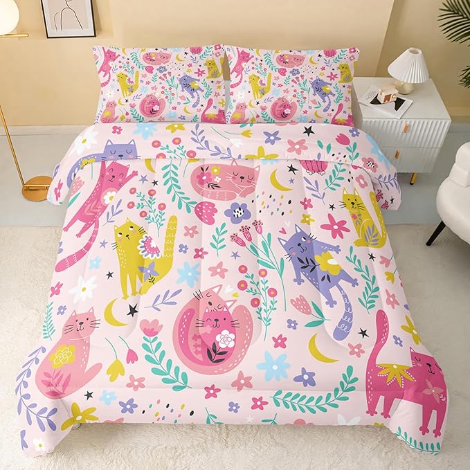 Floral Cat Comforter King Size,Pink Cat Comforter Set for Kids Teens Girls,3Pcs Bedding Set Printed Comforter with 2 Pillowcases,Down Alternative,Soft and Lightweight(Pink，King Size) - LeafyLoom