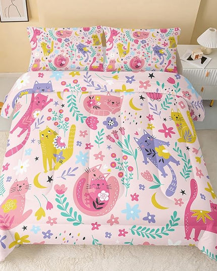 Floral Cat Comforter Full Size,Pink Cat Comforter Set for Kids Teens Girls,3Pcs Bedding Set Printed Comforter with 2 Pillowcases,Down Alternative,Soft and Lightweight(Pink，Full Size) - LeafyLoom