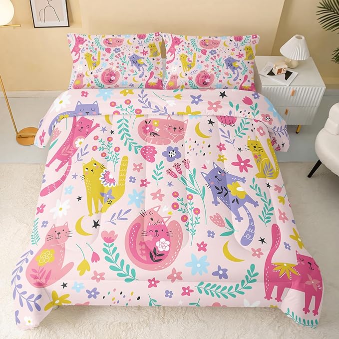 Floral Cat Comforter Full Size,Pink Cat Comforter Set for Kids Teens Girls,3Pcs Bedding Set Printed Comforter with 2 Pillowcases,Down Alternative,Soft and Lightweight(Pink，Full Size) - LeafyLoom