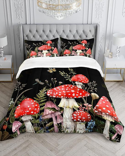 Red Mushroom Kawaii Comforter Set Twin Size Kids Mushroom Dragonfly Bedding Set Botanical Plant Theme Print Quilt Bed Set for Boys Girls Adults with 1 Comforter and 2 Pillowcases - LeafyLoom