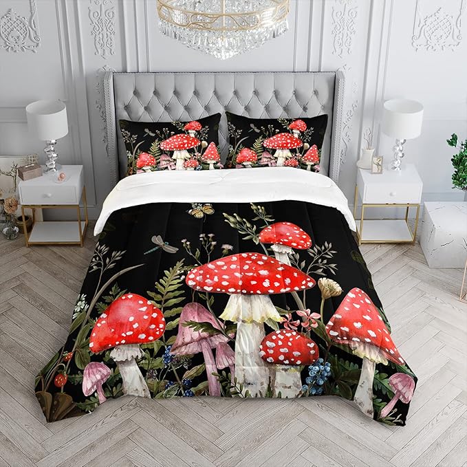 Red Mushroom Kawaii Comforter Set Twin Size Kids Mushroom Dragonfly Bedding Set Botanical Plant Theme Print Quilt Bed Set for Boys Girls Adults with 1 Comforter and 2 Pillowcases - LeafyLoom