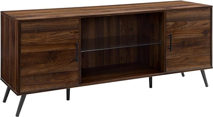 Walker Edison Saxon Mid Century Modern Glass Shelf TV Stand for TVs up to 65 Inches, 60 Inch, Walnut - LeafyLoom