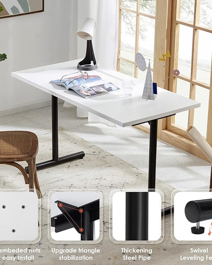 Sunon Home Office 47" Computer Desk Wood Writing Table with Cable Managemant, Black Metal Frame, White - LeafyLoom