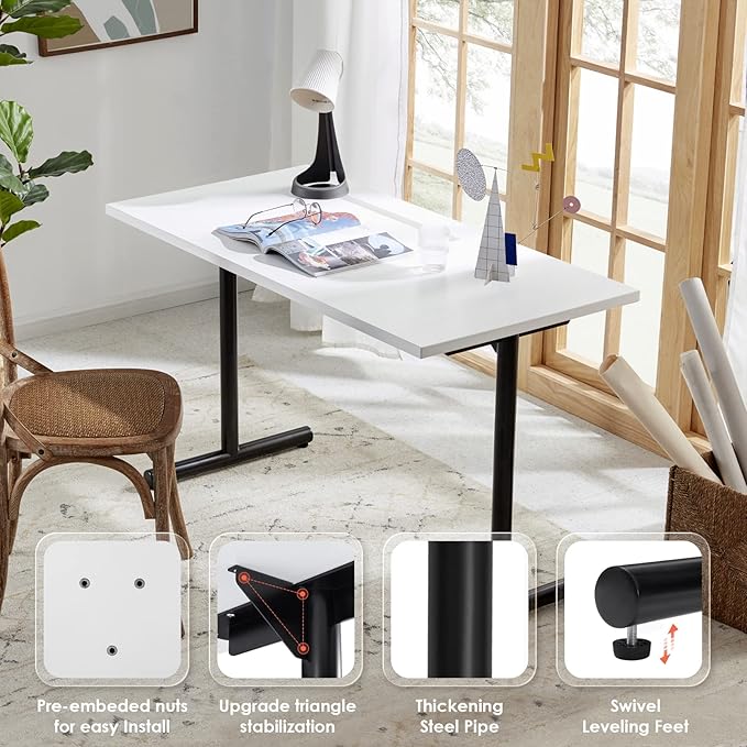 Sunon Home Office 47" Computer Desk Wood Writing Table with Cable Managemant, Black Metal Frame, White - LeafyLoom