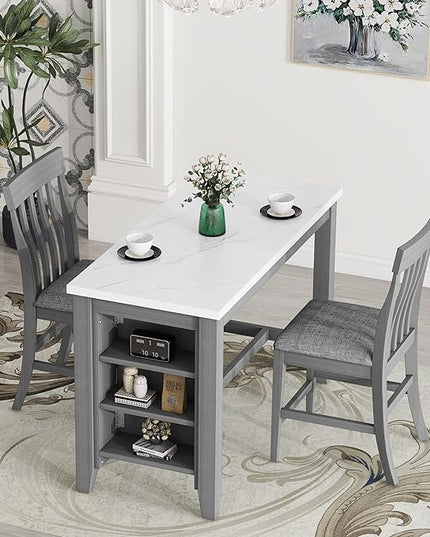 3-Piece Wooden Counter Height Dining Table Set with Faux Marble Veneer and Built-in Storage Shelves, 2 Upholstered Chairs, for Kitchen, Breakfast Nook, Bar, Living Room, Gray - LeafyLoom
