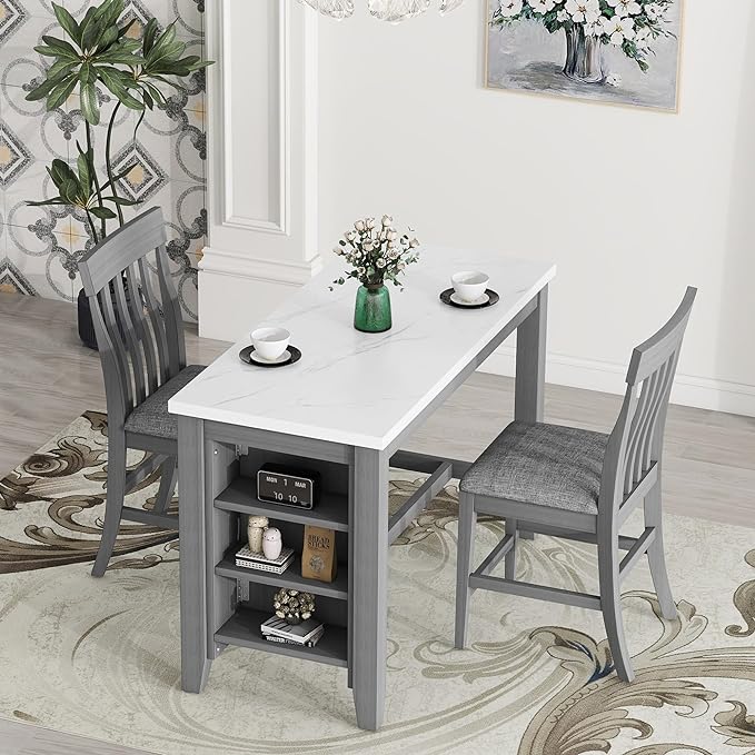 3-Piece Wooden Counter Height Dining Table Set with Faux Marble Veneer and Built-in Storage Shelves, 2 Upholstered Chairs, for Kitchen, Breakfast Nook, Bar, Living Room, Gray - LeafyLoom