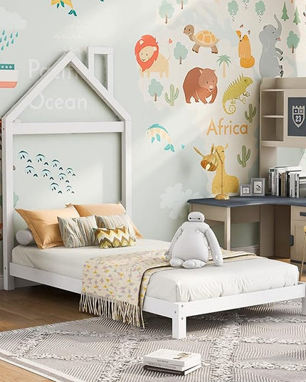 Jintop Twin Size Wood Platform Chimney and House-Shaped Headboard,Bedroom Furniture Bed Frame W/ 10 Slat Support,Easy to Install,for Teens Kids Girls Boys,White - LeafyLoom