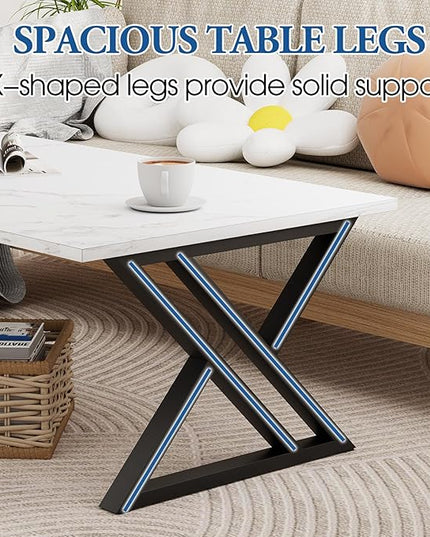 Coffee Table White Living Room Center Table, Simple Modern Faux Marble Rectangular Tea Table with Sturdy Black Metal Frame,Industrial Wooden Coffee Table for Bedroom Home Office - LeafyLoom