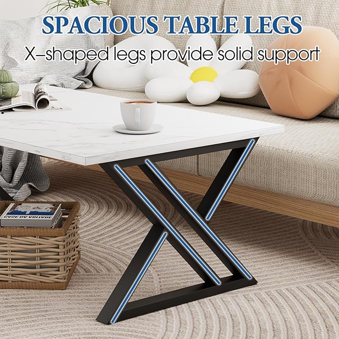 Coffee Table White Living Room Center Table, Simple Modern Faux Marble Rectangular Tea Table with Sturdy Black Metal Frame,Industrial Wooden Coffee Table for Bedroom Home Office - LeafyLoom