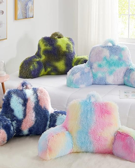 Faux Fur Reading Pillows - Big Size 30x17x17 Inches with Premium Pure White Micro Fiber Stuffing, Students & Kids Backrest Pillow, Bed Rest Pillow, Unique Colorful Design, Awesome Gift - LeafyLoom