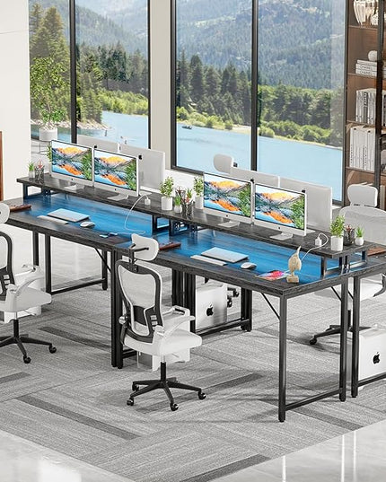 55 inch Computer Desk with Power Outlets, Office Desk Gaming desk with LED Lights, Home Office Desk with Monitor Shelf, Modern Work Desk Study Writing Table for Bedroom, Black Oak - LeafyLoom