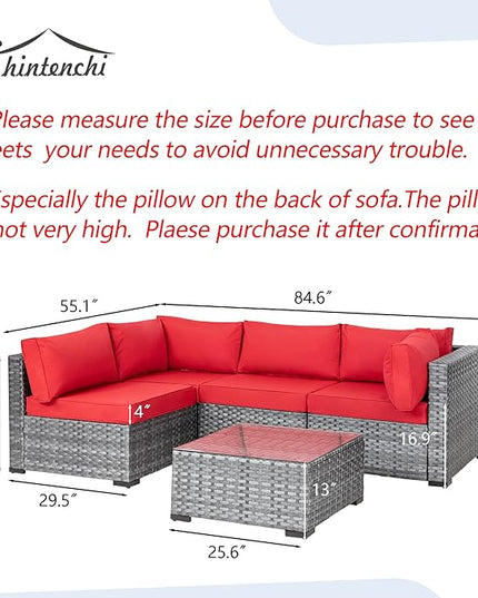 Shintenchi 5 Pieces Outdoor Patio Sectional Sofa Couch, Silver Gray PE Wicker Furniture Conversation Sets with Washable Cushions & Glass Coffee Table for Garden, Poolside, Backyard (Red) - LeafyLoom