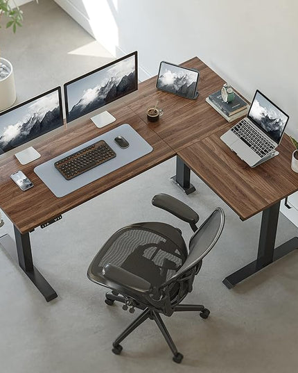 FEZIBO Triple Motor L-Shaped Electric Standing Desk, 63 Inches Height Adjustable Stand up Corner Desk, Sit Stand Workstation with Splice Board, Black Frame/Black Walnut Top - LeafyLoom