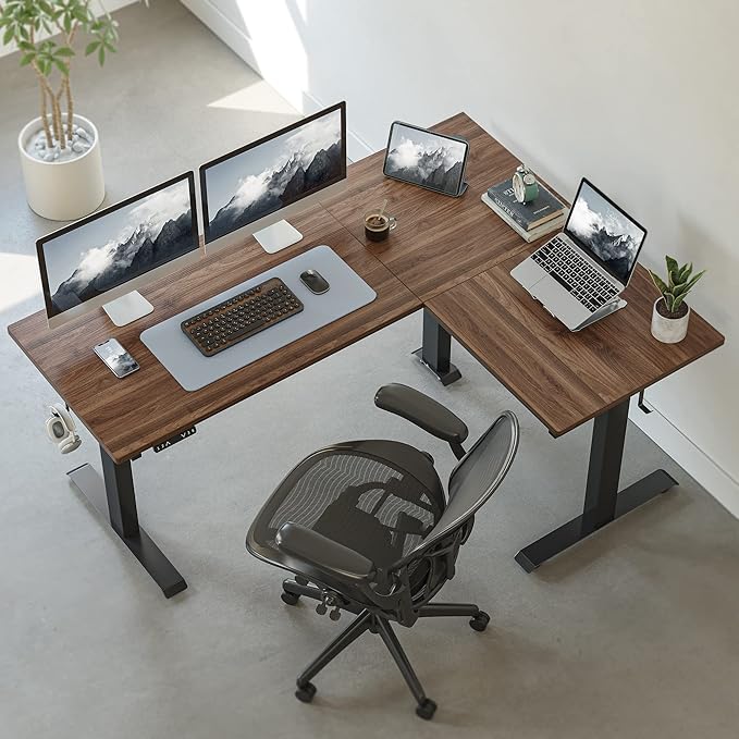 FEZIBO Triple Motor L-Shaped Electric Standing Desk, 63 Inches Height Adjustable Stand up Corner Desk, Sit Stand Workstation with Splice Board, Black Frame/Black Walnut Top - LeafyLoom