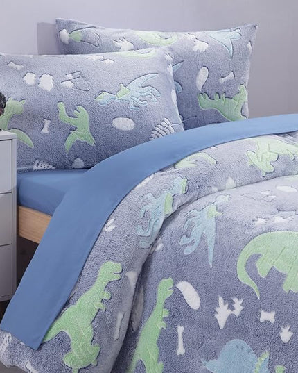 HOMBYS Glow in The Dark Comforter Set 5 Piece Twin/Twin XL with Sheets, Blue Dinosaur Velvet Bedding Comforter Sets for Twin Bed, Ultra Soft Down Alternative Comforter for Boys Kids, Bed in a Bag - LeafyLoom