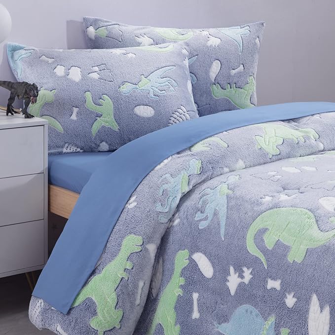 HOMBYS Glow in The Dark Comforter Set 5 Piece Twin/Twin XL with Sheets, Blue Dinosaur Velvet Bedding Comforter Sets for Twin Bed, Ultra Soft Down Alternative Comforter for Boys Kids, Bed in a Bag - LeafyLoom