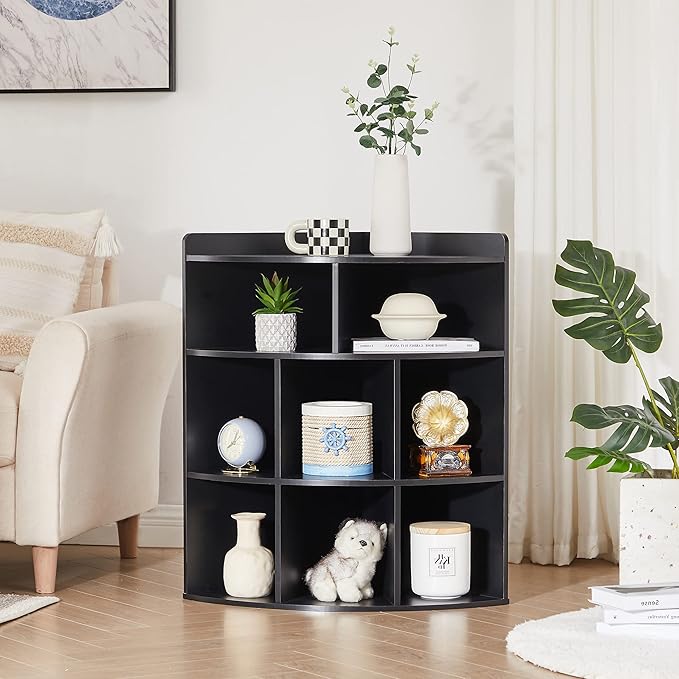 Vecelo 3-Tier Corner Cabinet with 8 Cubbies, Wooden Cube Storage Organizer, Modern Corner Bookshelf Units for Bedroom, Living Room, Study Room, Black - LeafyLoom
