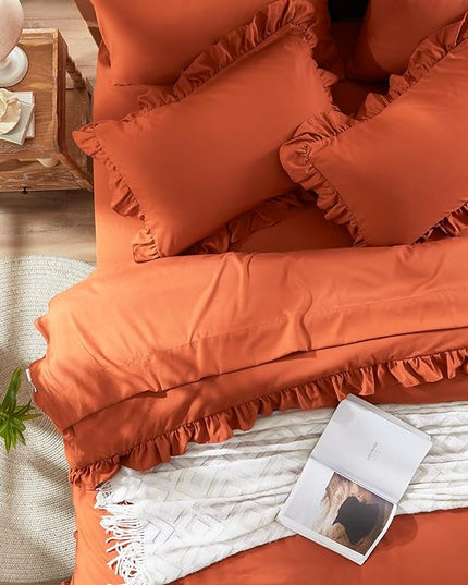 Anluoer Full Comforter Set 7 Piece, Burnt Orange Bed in a Bag with Sheets, All Season Ruffle Shabby Chic Bedding Sets with 1 Comforter, 2 Pillow Shams, 2 Pillowcases, 1 Flat Sheet, 1 Fitted Sheet - LeafyLoom