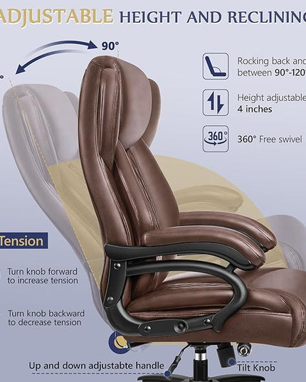 Big and Tall Office Chair 500lbs, Heavy Duty Executive Desk Chair with Adjustable Lumbar Support, Comfy Padded Cushion, Ergonomic PU Leather Home Computer Chair with Extra Wide Seat, Brown - LeafyLoom