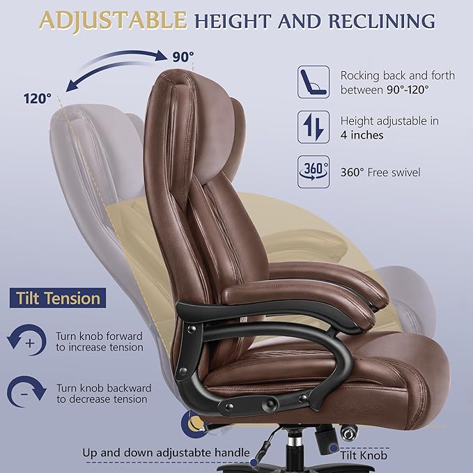 Big and Tall Office Chair 500lbs, Heavy Duty Executive Desk Chair with Adjustable Lumbar Support, Comfy Padded Cushion, Ergonomic PU Leather Home Computer Chair with Extra Wide Seat, Brown - LeafyLoom