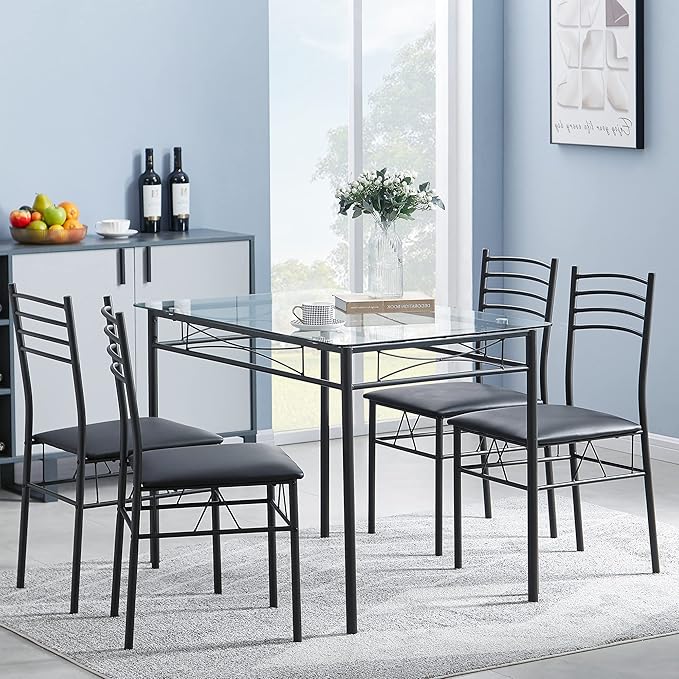 VECELO Dining Table with 4 Chairs [4 Placemats Included, Black, 43.3x27.5x30, 15.7x16.9x33.8 - LeafyLoom
