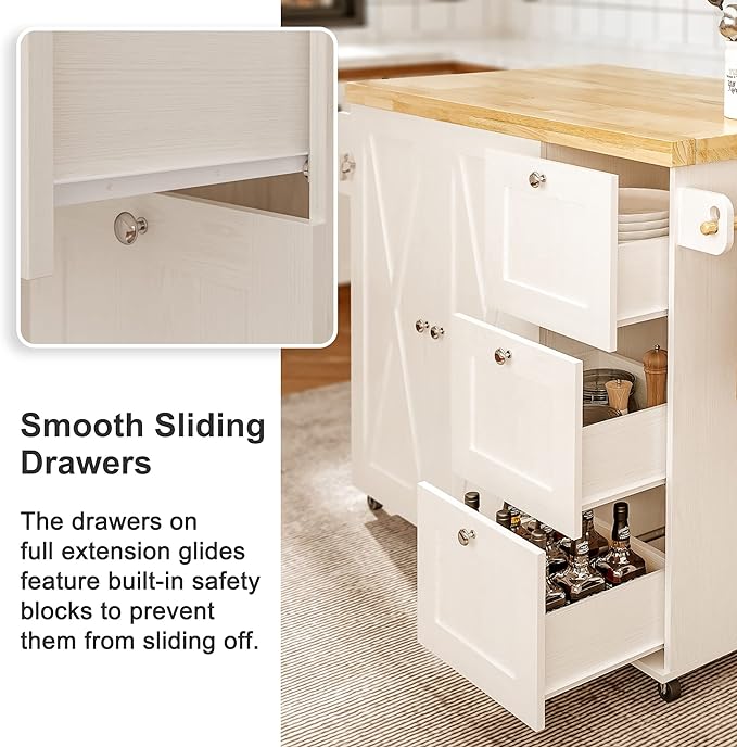 IRONCK Rolling Kitchen Island Cart with Drop-Leaf Countertop, Thicker Rubberwood Top, 3 Drawers, Barn Door Style Cabine, Spice Rack, on Wheels, for Kitchen and Dining Room, White - LeafyLoom