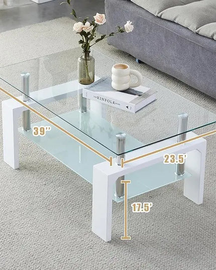 Coffee Table - Rectangle Glass Coffee Table with Simple and Classical Inspired Design, Easy Assembly for Modern Living, 39.5 * 23.5 * 17.5 inches (White) - LeafyLoom