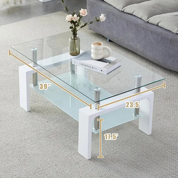 Coffee Table - Rectangle Glass Coffee Table with Simple and Classical Inspired Design, Easy Assembly for Modern Living, 39.5 * 23.5 * 17.5 inches (White) - LeafyLoom