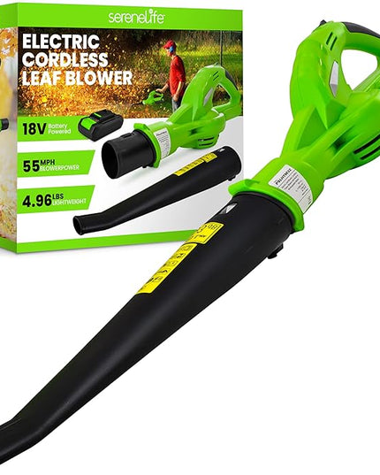 Serenlife Lightweight Cordless Leaf Blower - 18V, 55 MPH Air Speed - Perfect for Decks, Gutter Cleaning, Snow & Small Yards - Rechargeable Battery & Charger Included - Charge Time 4 Hours - Only 5 lbs - LeafyLoom