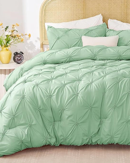 BEDELITE Green Twin Comforter Set for Girls - 2 Peices Boho Pintuck Bedding Comforter Sets, Lightweight Soft & Warm Twin Bedding Sets with 1 Pillowcase for All Season - LeafyLoom