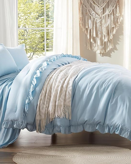 Anluoer Queen Comforter Set 7 Piece, Blue Bed in a Bag with Sheets, All Season Ruffle Shabby Chic Bedding Sets with 1 Comforter, 2 Pillow Shams, 2 Pillowcases, 1 Flat Sheet, 1 Fitted Sheet - LeafyLoom