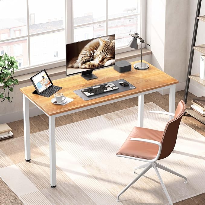 Computer Desk,55.1 inches Office Desk & Workstations for Home Office, Gaming Desk Computer Table,Modern Simple Style Laptop Table, Teak & White - LeafyLoom