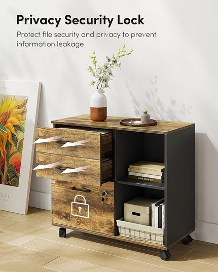 FEZIBO 3-Drawer Mobile File Cabinet, Lateral Filing Cabinet with Lock, Printer Stand with Open Storage Shelves for Home Office, Filing Cabinets for Home Office, Vintage&Black - LeafyLoom