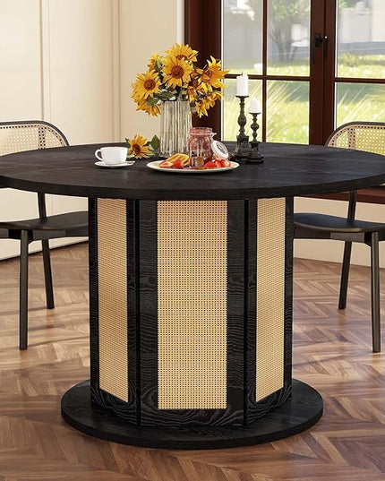 DWVO Round Dining Table for 4-6 People, 47 Inch Farmhouse Kitchen Table with Rattan Circular Base, Wooden Dinner Table for Dining Room Family Gathering, Black - LeafyLoom